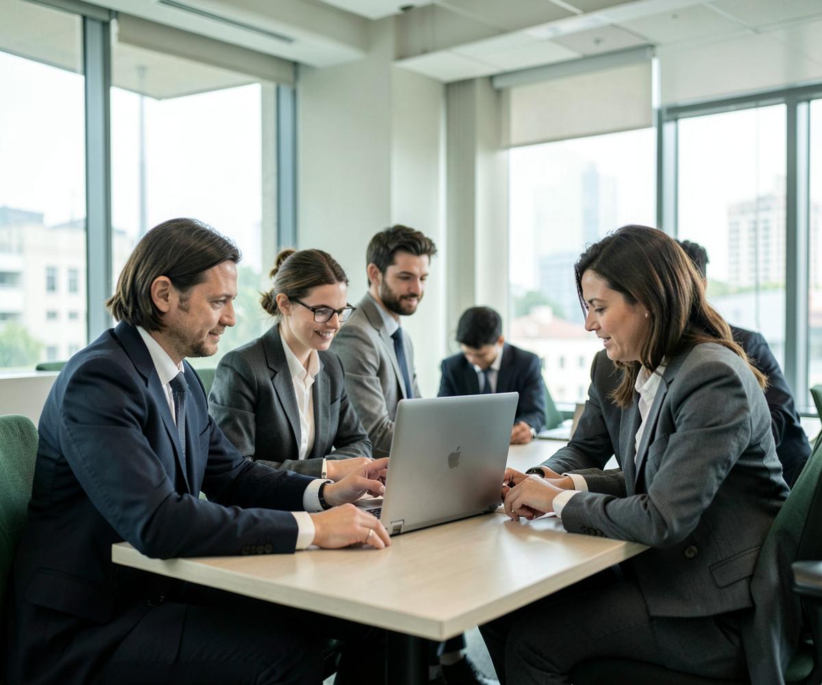 Outsourced finance team collaborating in a premium office